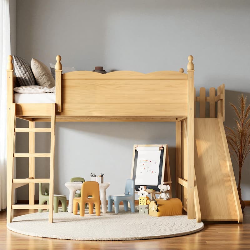 Full/Queen Loft Bed with Storage Shelves, Cabinet & Detachable Slide, Solid Wood Loft Bed with Ladders, No Box Spring