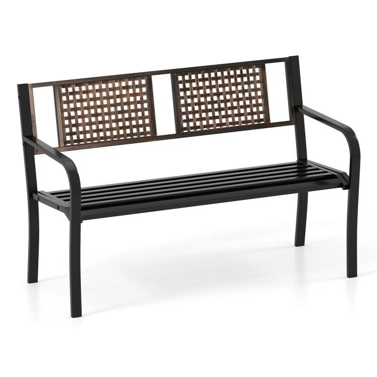 Black Metal Woven-Look Garden Bench with Curved Seat, Armrests and Non-Slip Feet - 50" L x 23.5" W x 32" H