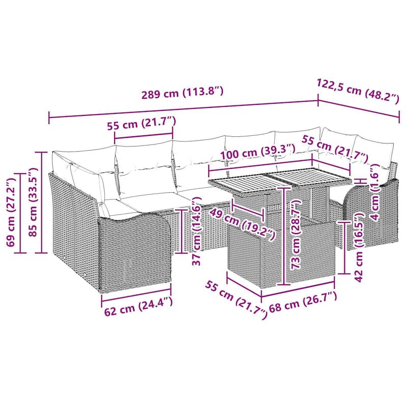 vidaXL 8 Piece Garden Sofa Set with Cushions - 113.8×48.2×27.2