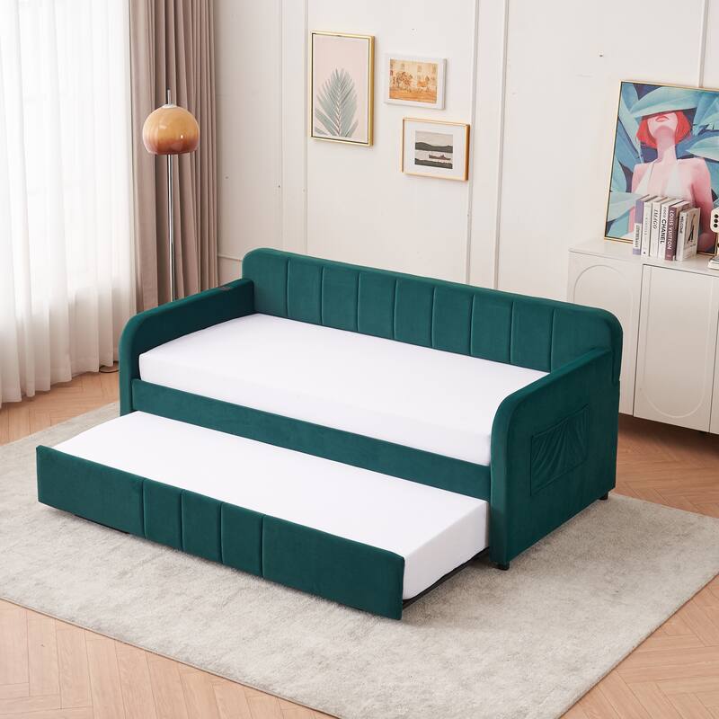 Twin Size Velvet Upholstered Daybed, Wood Sofa Bed Frame Daybed Couch with Trundle Bed and Wood Slat