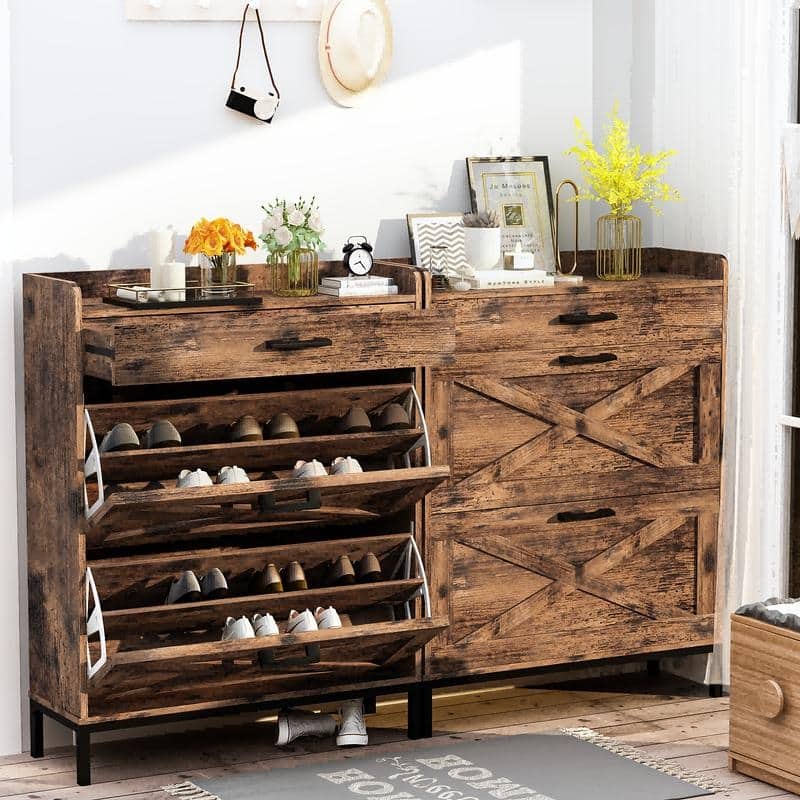Grondin Farmhouse Style Shoe Storage Cabinet with Drawers, Freestanding Shoe Oragenizer for Entryway, Narrow Shoe Rack Cabinet