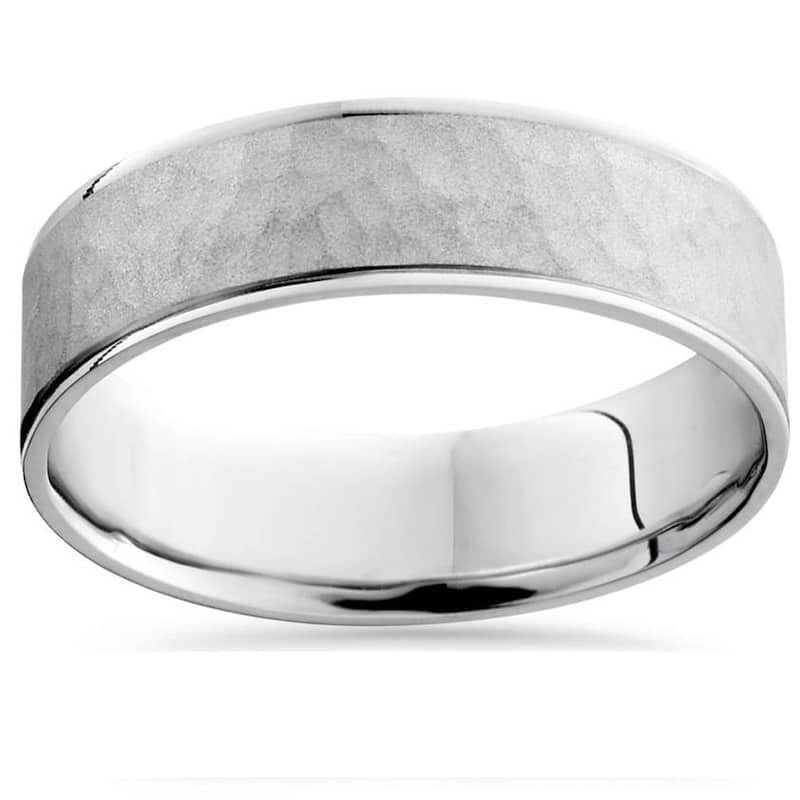 Mens White Gold Hammered Comfort Fit Wedding Band Ring