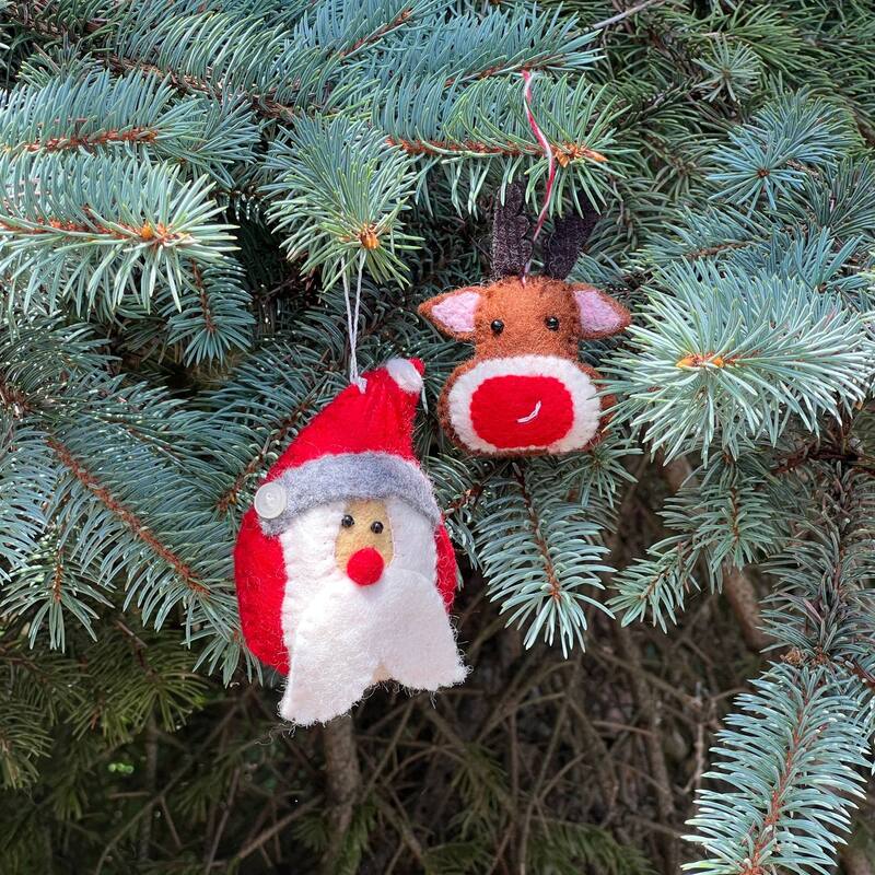 Santa and the Red Nosed Reindeer Handmade Felt Ornaments, Set of 2