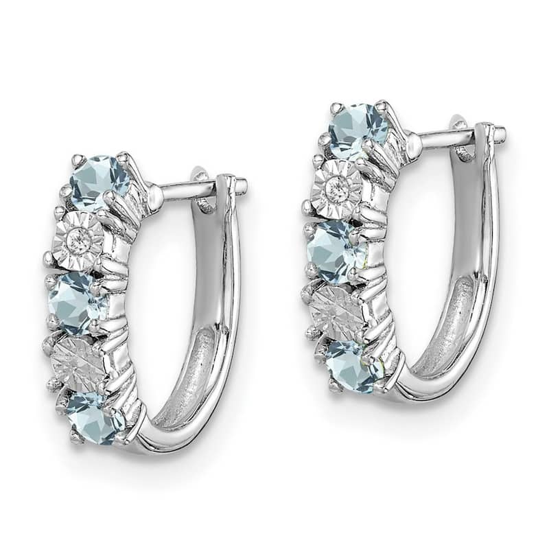 Curata 925 Sterling Silver 12x2mm Aquamarine and Diamond Hoop Earrings