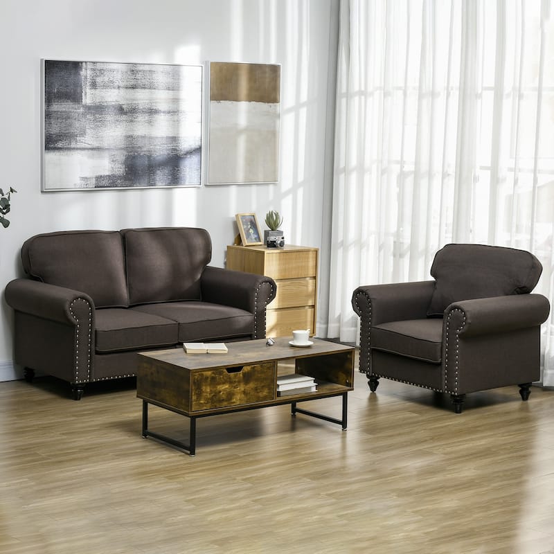 HOMCOM 61" Loveseat Sofa, Mid Century Modern 2 Seater Small Couch with Nailhead Trim, Rolled Arm, Fabric Upholstered Love Seat