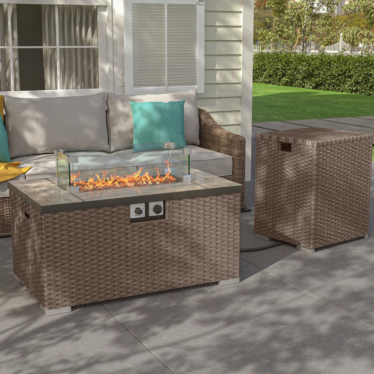 Kinger Home Propane Fire Pit Table 28 Inch French Roast with Glass Wind Guard Cover and Lid 50,000 BTU Rattan Wicker Gas Fire Pit Table for Outdoor Patio Slide Out Tank Holder Lava Rocks 