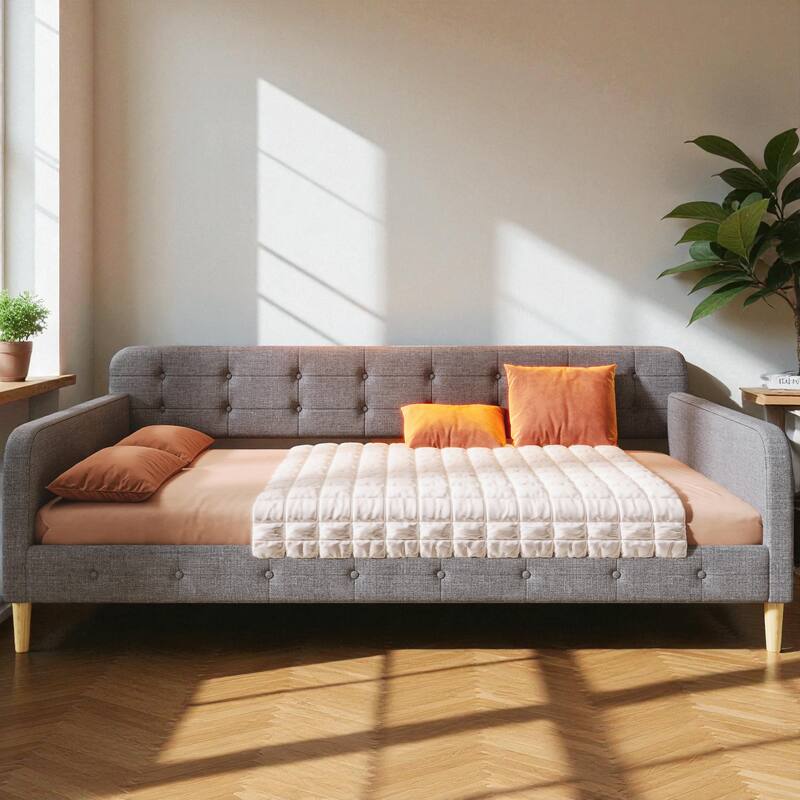 Queen Size Upholstered Daybed with Linen Fabric, Solid Wood Frame & 4 Support Legs, Sofa Bed for Guest Room