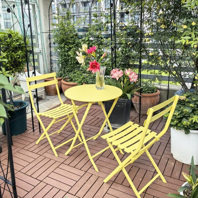 3 Piece Patio Bistro Set of Foldable Round Table and Chairs - Yellow