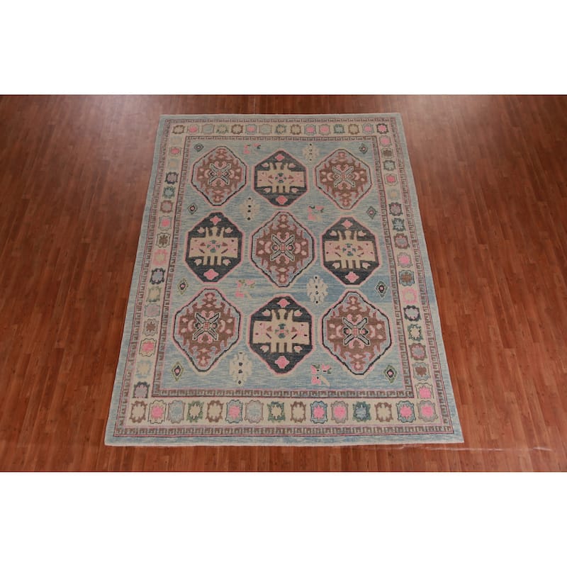 Hand Knotted Oriental 100% Wool Carpet Transitional Geometric Navy Blue & Blues Oushak Area Rug - 11' 1'' X 8' 5''