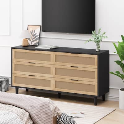 Rattan 6-Drawers Buffet Storage Cabinet with White Drawer Slides