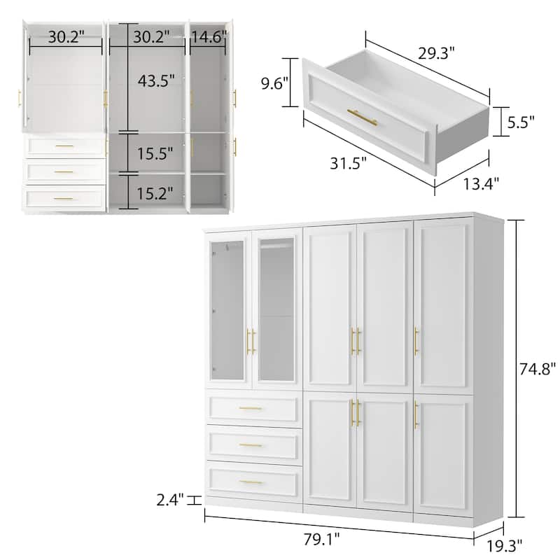 74.8"H Large Modular Wardrobe Cloest Armoire Cabinet Glass Door