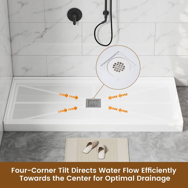 60 in. x 30 in. Elegant White Single Threshold Anti-slip SMC Rectangular Shower Base with Drain and Stainless Steel Drain Cover