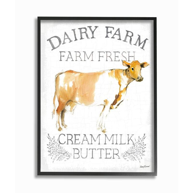 Stupell Country Cow Dairy Farm Sign Watercolor Style Sign Framed Wall Art