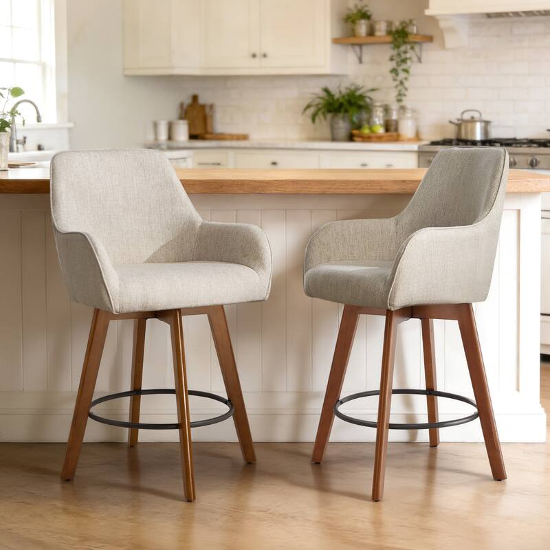 25 Inch Upholstered Swivel Counter Height Bar Stool with Armrests, Solid Wood Legs - 23.6"W x 22.4"D x 40.2"H