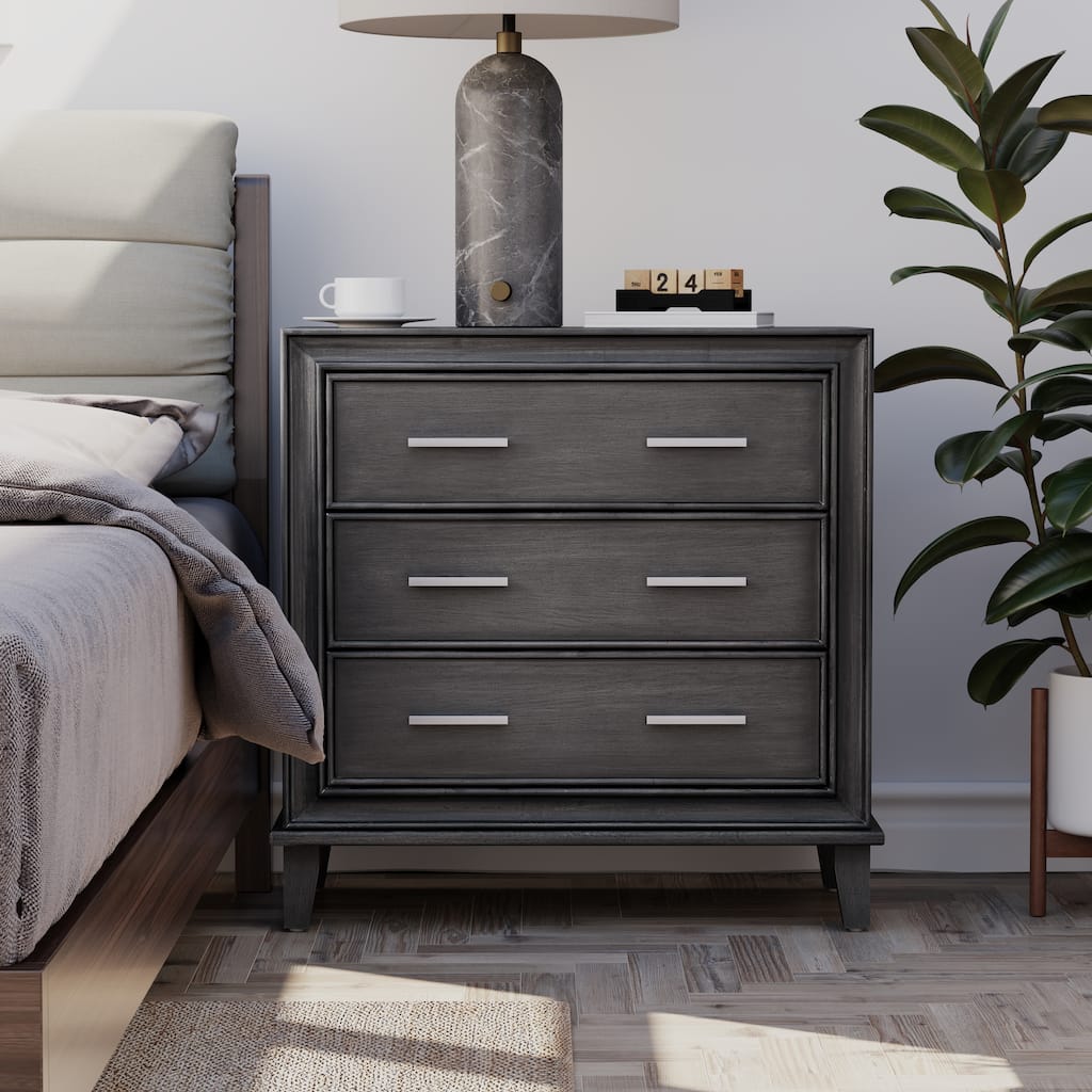 COZAYH Modern 3 Drawer Nightstand, Wood Dresser with Metal Handles, Vintage Accent Bedside Table Storage Chest, Black