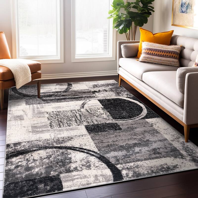 World Rug Gallery Abstract Polypropylene Machine-Made Circle Area Rug - 8' 8" x 12' - Cream