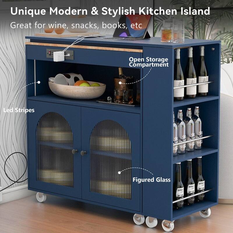 Rolling Kitchen Island With Extension Table, Power Outlet