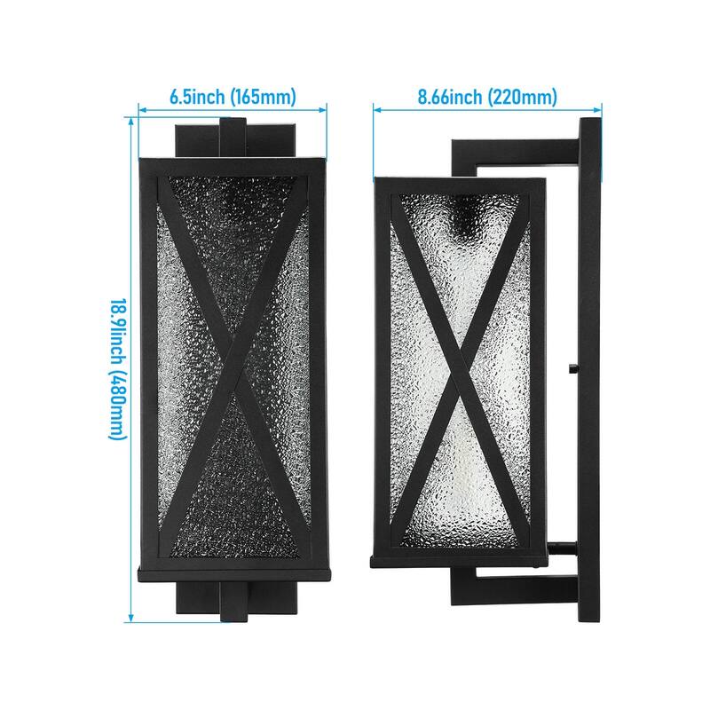 19Inch Exterior Wall Lights, E26 Base, Ripple Glass Shade, Black - 2pack