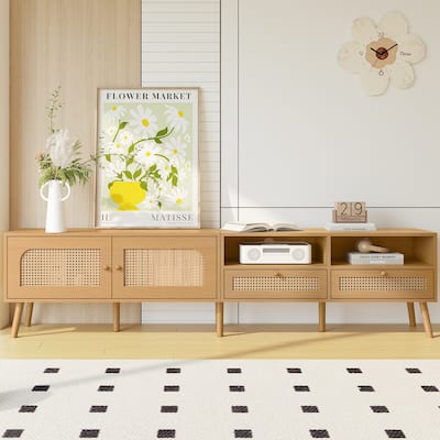 Roomfitters Boho TV Stand for 85" TVs, Farmhouse Media Console with Wood Legs, Entertainment Cabinet for Living Room, Natural