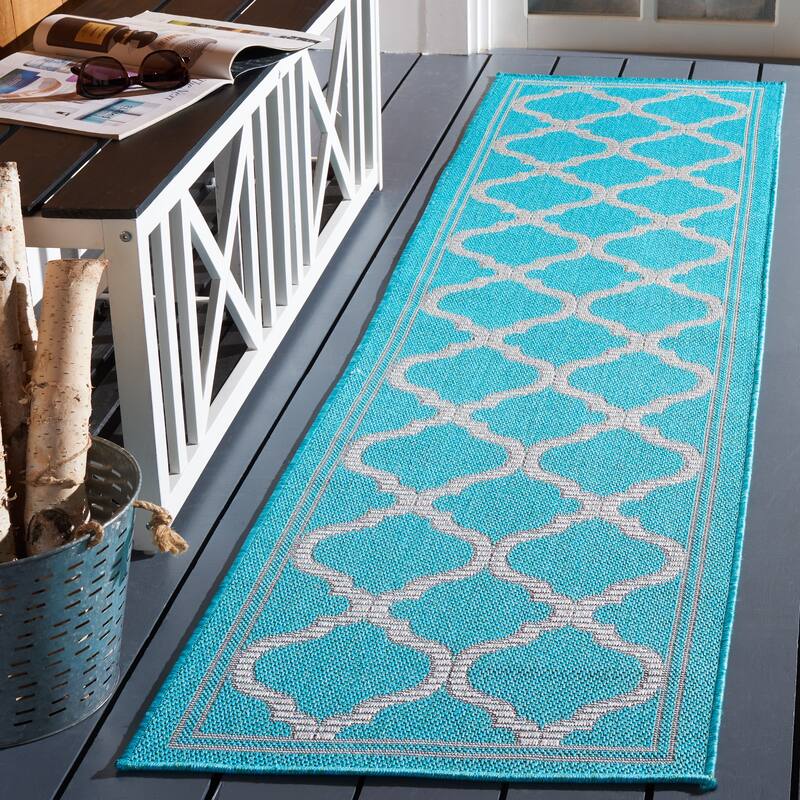 SAFAVIEH Bermuda Washable Edelt Indoor/ Outdoor Waterproof Rug - 2' x 8' Runner - Aqua/Grey