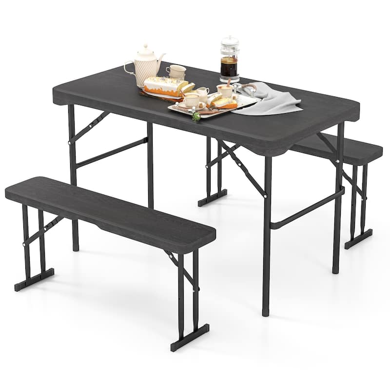 Gymax Outdoor Table Bench Set Folding Picnic Table Set w/ 2 Benches - Black