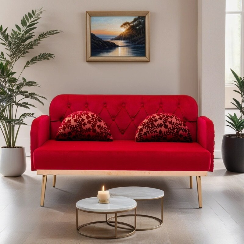 Vintage Style 2 Seat Sofa Accent Loveseat Sofa Couch with 2 Soft Pillows Velvet Sofa with Gold Legs for Living Room Red
