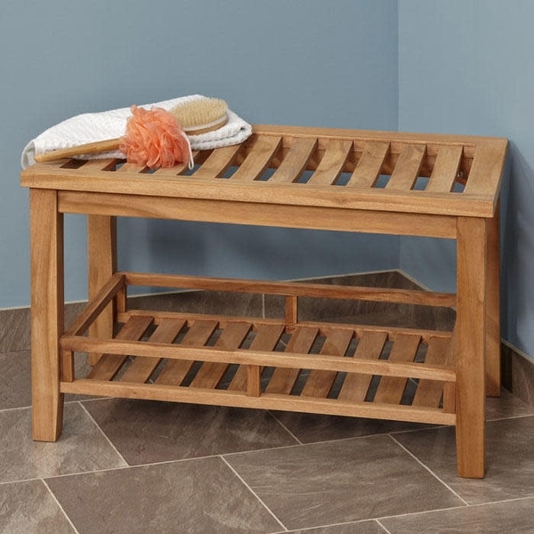 Signature Hardware 340003 Large Teak Rectangular Shower Stool Natural Wood