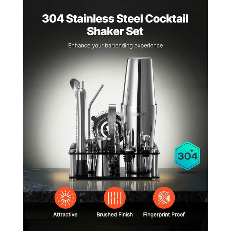 Stainless Steel Bartender Kit 14-Piece with Acrylic Stand & Shaker - 8.27 x 4.33 x 11.22 in