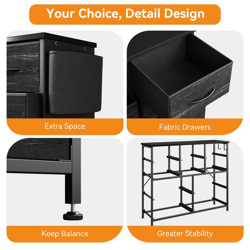 Fabric 10 Drawer Dresser for Bedroom, Metal Frame Storage Organizer Chest with Side Pockets, Hooks