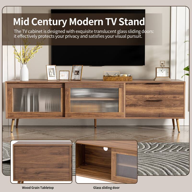 70" Walnut Modern TV Stand for 75 Inch TV, Media Console with Glass Doors, Drawers & Storage Cabinet
