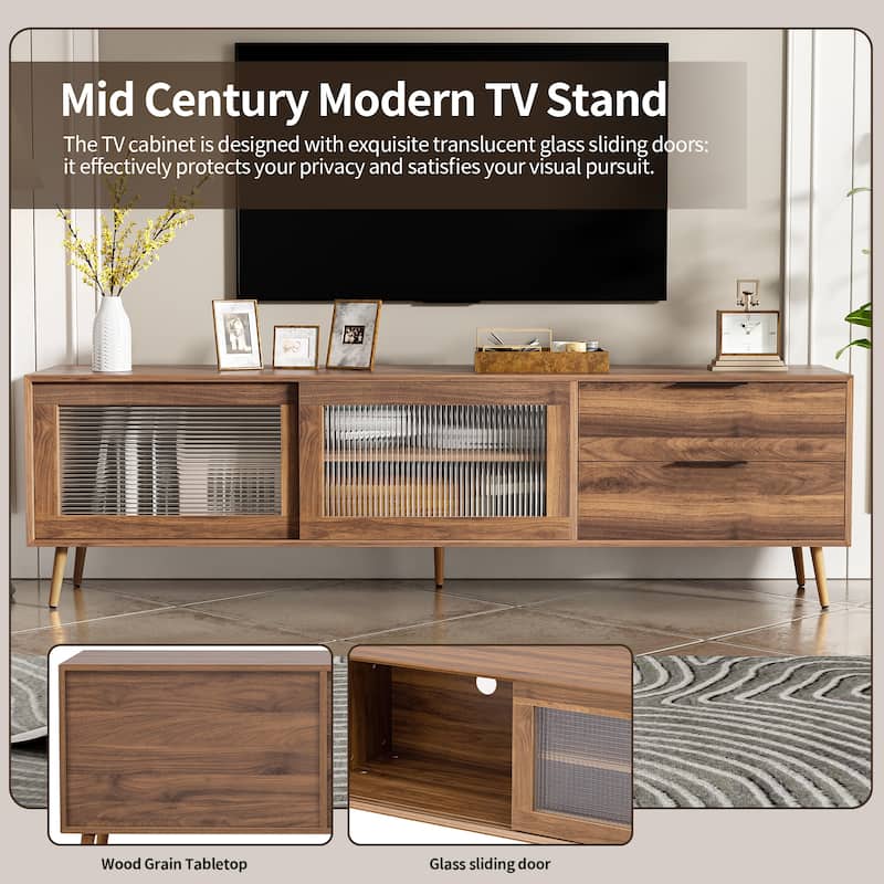 71" TV Stand - Tempered Glass Sliding Doors, 2 Drawers and Open Shelves