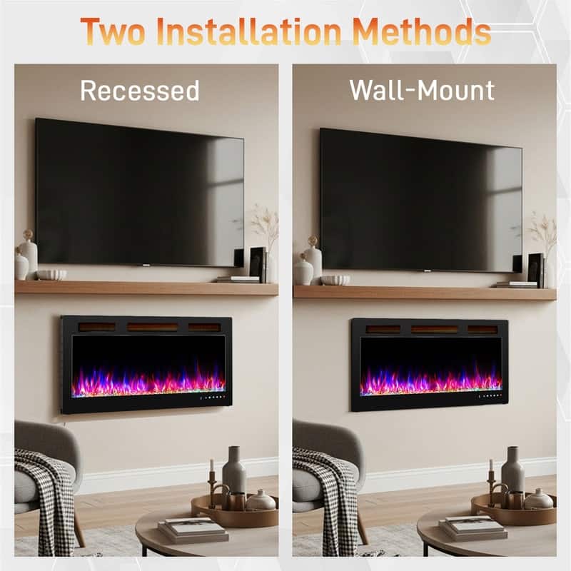 30/36/42/50/60 Inch Wall-Mounted/Built-in Electric Fireplace with WIFI Function and 12 Color Adjustable Flames