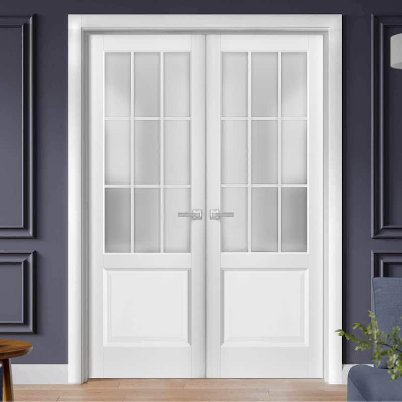Solid French Double Doors Frosted Glass 9 Lites / Felicia 3309 White