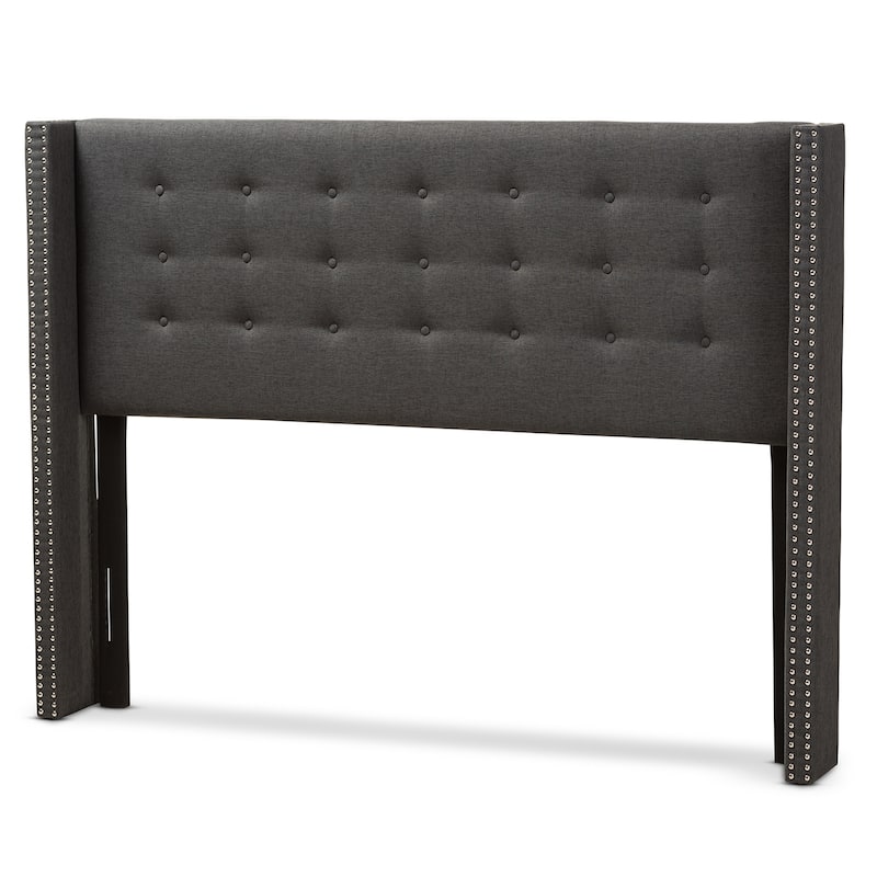 Modern Dark Grey Fabric Winged Headboard King Size with Button Tufting and Nailhead Trim, Adjustable Mount