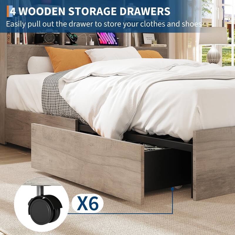 Full/Queen Bed Frame with Tall Bookcase Headboard & 4 Storage Drawers - Platform Bed with Charging Station
