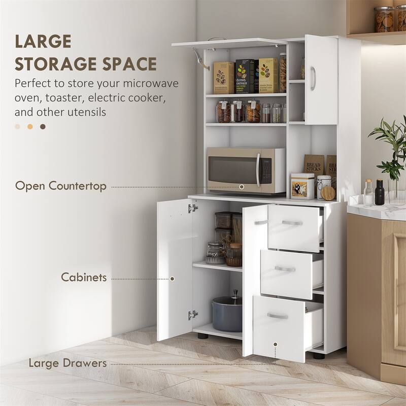 White Kitchen Cabinet Storage with Drawers and Adjustable Shelves Microwave Countertop Space - 35" W x 15.6" D x 66.1" H