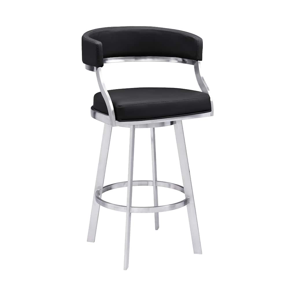 26 Inch Curved Seat Leatherette Swivel Barstool, Silver and Black