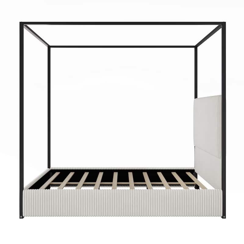 Modern Luxury Metal Canopy Bed with Tall Upholstered Headboard