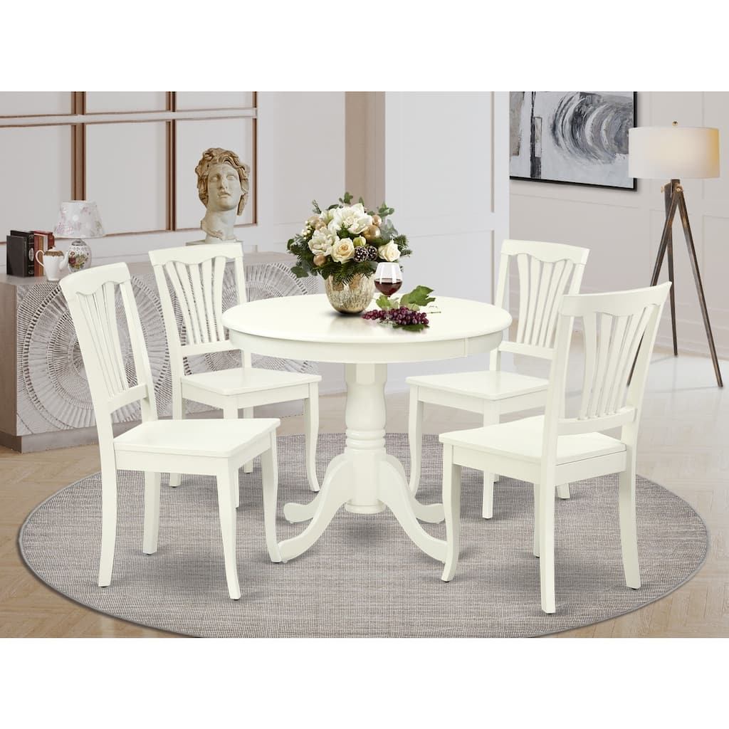 HomeStock 5-Pc Round Linen White Finish Solid Wood Top Dining table with 4 Chairs with Slat Back
