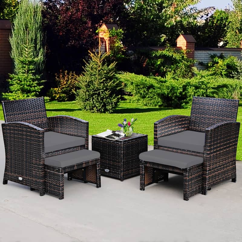 Costway 5PCS Patio Rattan Wicker Furniture Set Sofa Ottoman Cushion - Grey