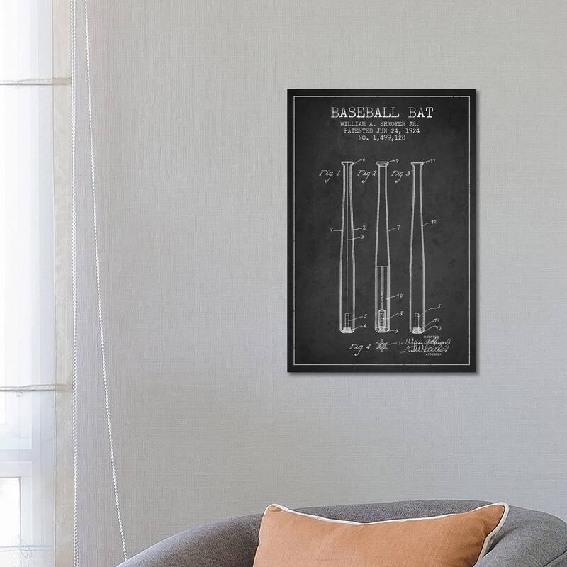 iCanvas "Baseball Bat Charcoal Patent Blueprint" by Aged Pixel Canvas Print - 26x18x1.5
