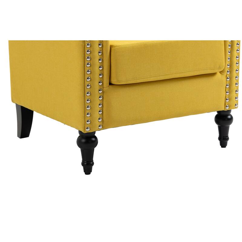 Linen Armchair w/Tufted Back/Wood Legs