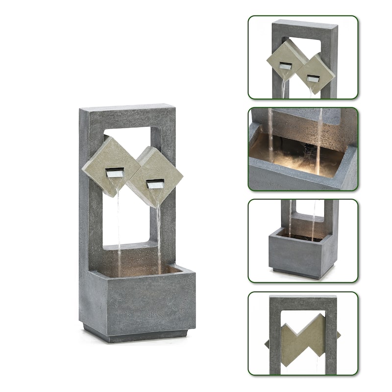 Cascading Grey Resin Rectangular Outdoor Fountain with LED Lights