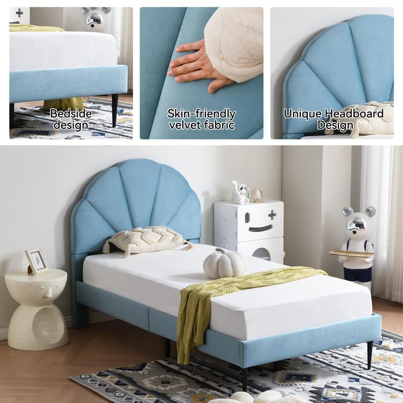 Upholstered Bed with Unique Seashell Headboard