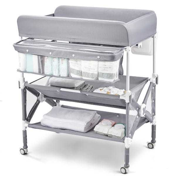 slide 2 of 8, Portable Baby Changing Table, Foldable Diaper Change Table with Wheels Grey - Assembled