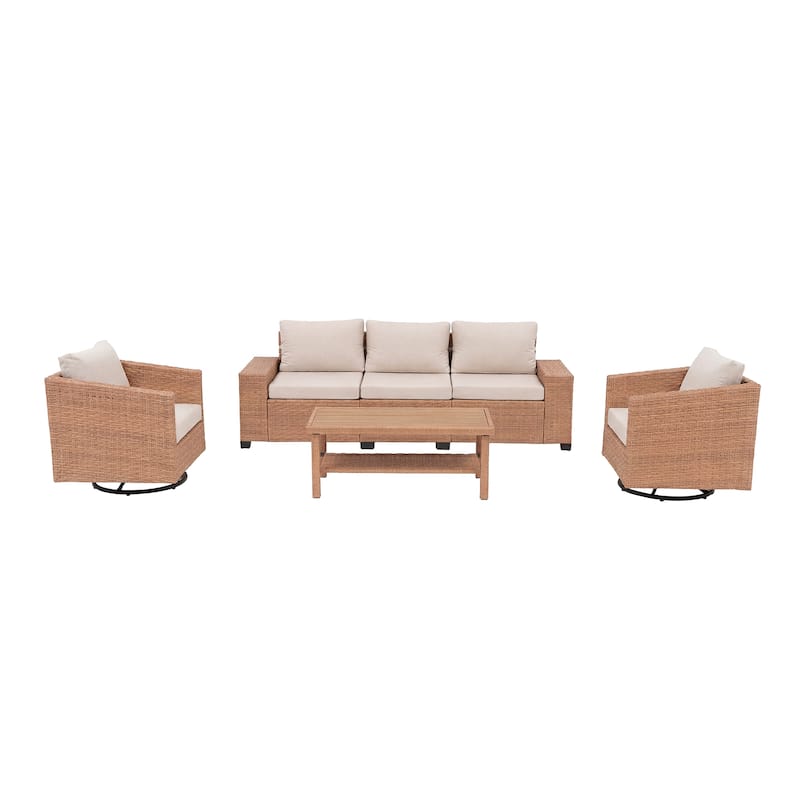 4-Piece Outdoor Conversation Set with Swivel Chair and 3-Seater Sofa with Soft Cushion and Coffee Tables PE Wicker Rattan