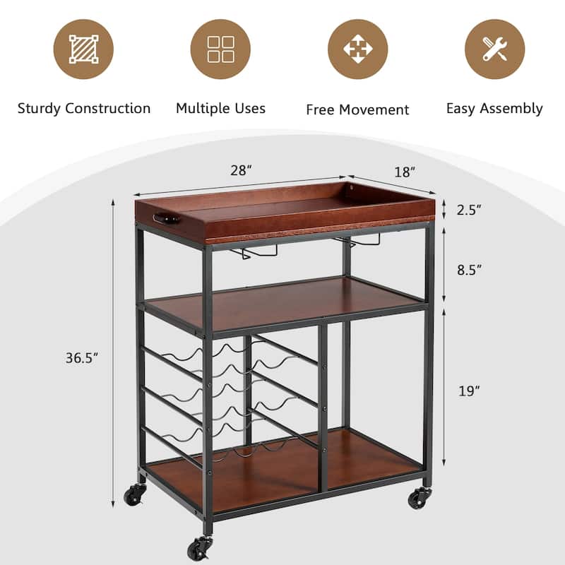 3 Tier Storage Bar Serving Cart with Wine Rack - 28" x 18" x 36.5" (L x W x H)
