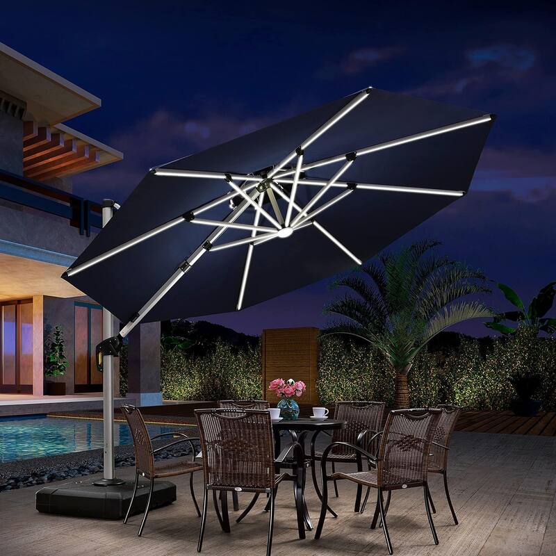 PURPLE LEAF Double Top 10/11/12ft Round Outdoor Patio Cantilever Umbrellas with Lights