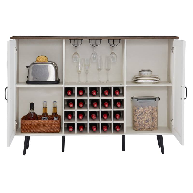 Rattan Barn Door Wine Cabinet with Wine Rack and Wine Glass Rack, Double Door Buffet Cabinet with Removable Shelves