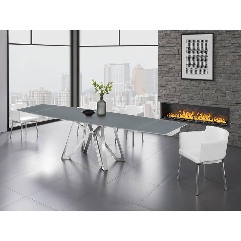 Dcota Manual Dining Table with Brushed Stainless Steel Base and Clear Top - Gray